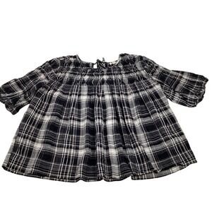 PILCRO Women's Black White‎ Plaid Smocked Gingham Bardot Babydoll Tunic Top S